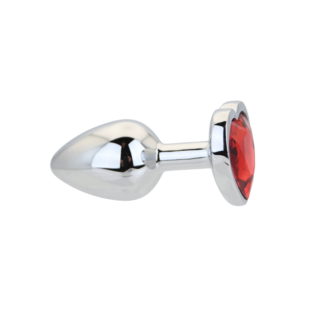 Toosh Heart-Shaped Silver Butt Plug with Red Stone, small size, smooth metallic finish, designed for intimate use.
