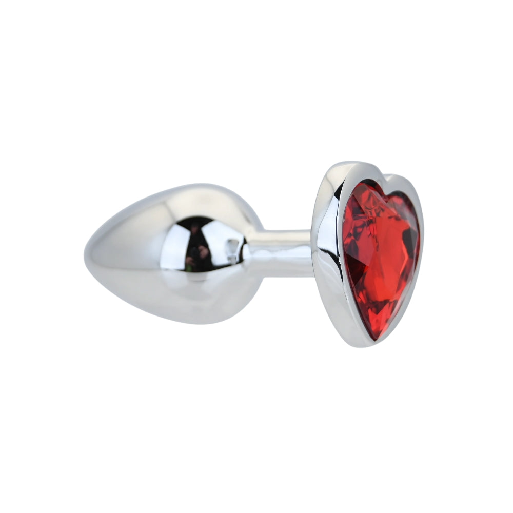 Toosh Heart Shaped Silver Butt Plug with Red Stone, small size, featuring a polished silver finish and decorative red gemstone.