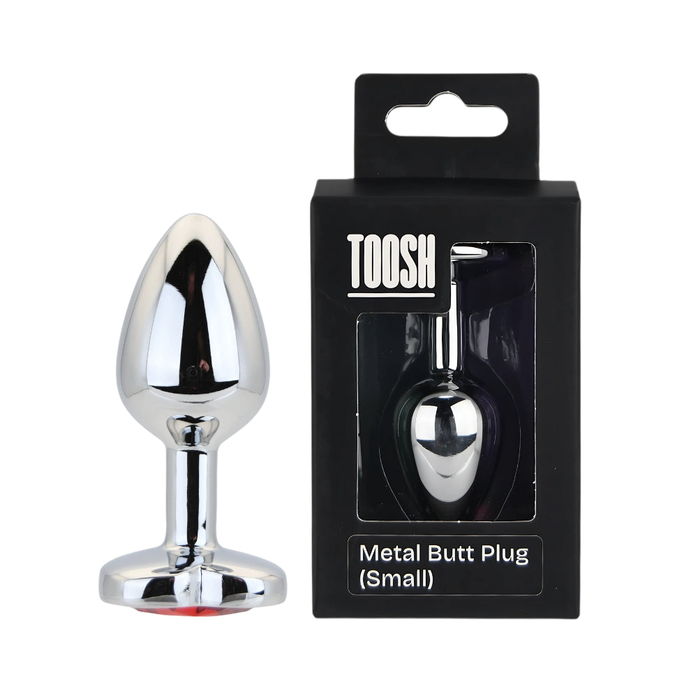 Toosh heart-shaped silver butt plug with red stone, small size, smooth finish, designed for comfortable insertion and stylish appeal.
