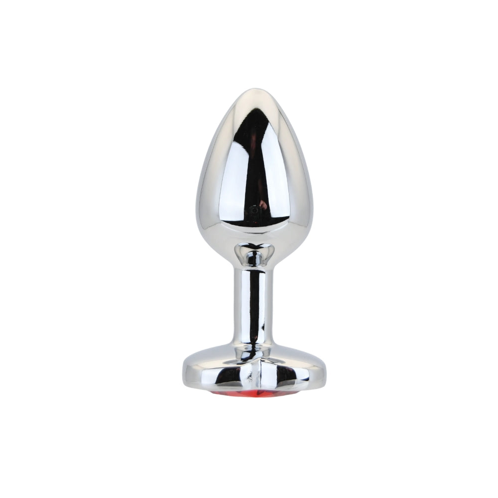 Heart-shaped silver butt plug with red stone detail, small size, by Toosh, designed for discreet pleasure and elegant style.