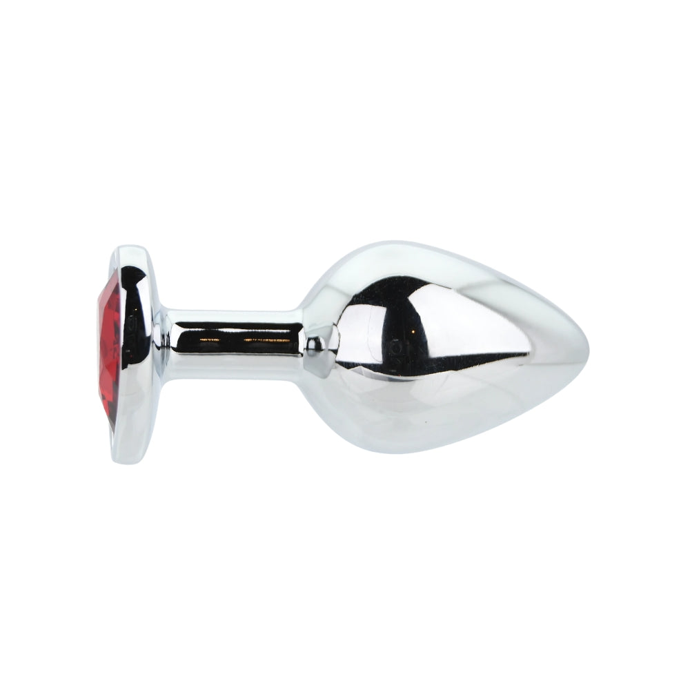 Toosh heart-shaped silver butt plug with red stone detail, medium size, designed for intimate wear and sensual pleasure.