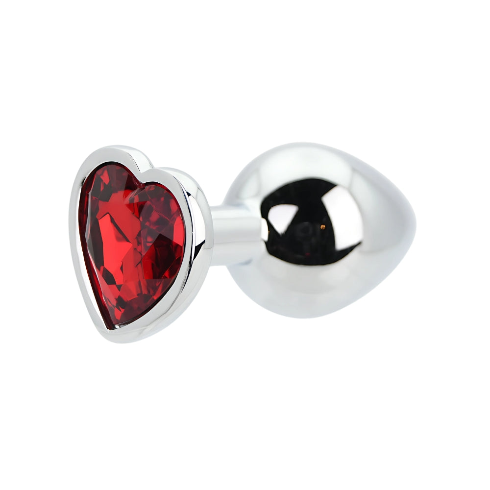 Toosh Heart Shaped Silver Butt Plug with Red Stone, medium size, smooth metal design, romantic and elegant personal accessory.