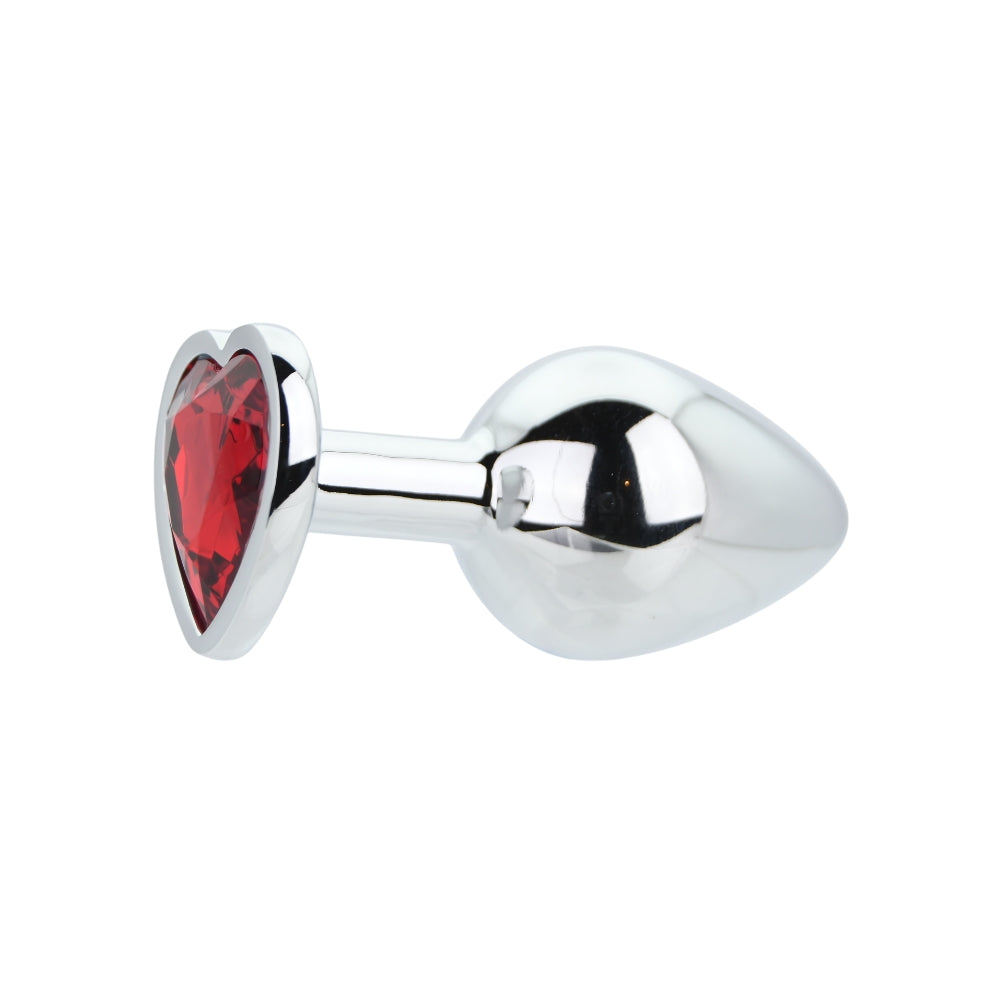 Toosh Heart Shaped Silver Butt Plug with Red Stone, medium size, smooth metal finish, designed for comfortable intimate wear.