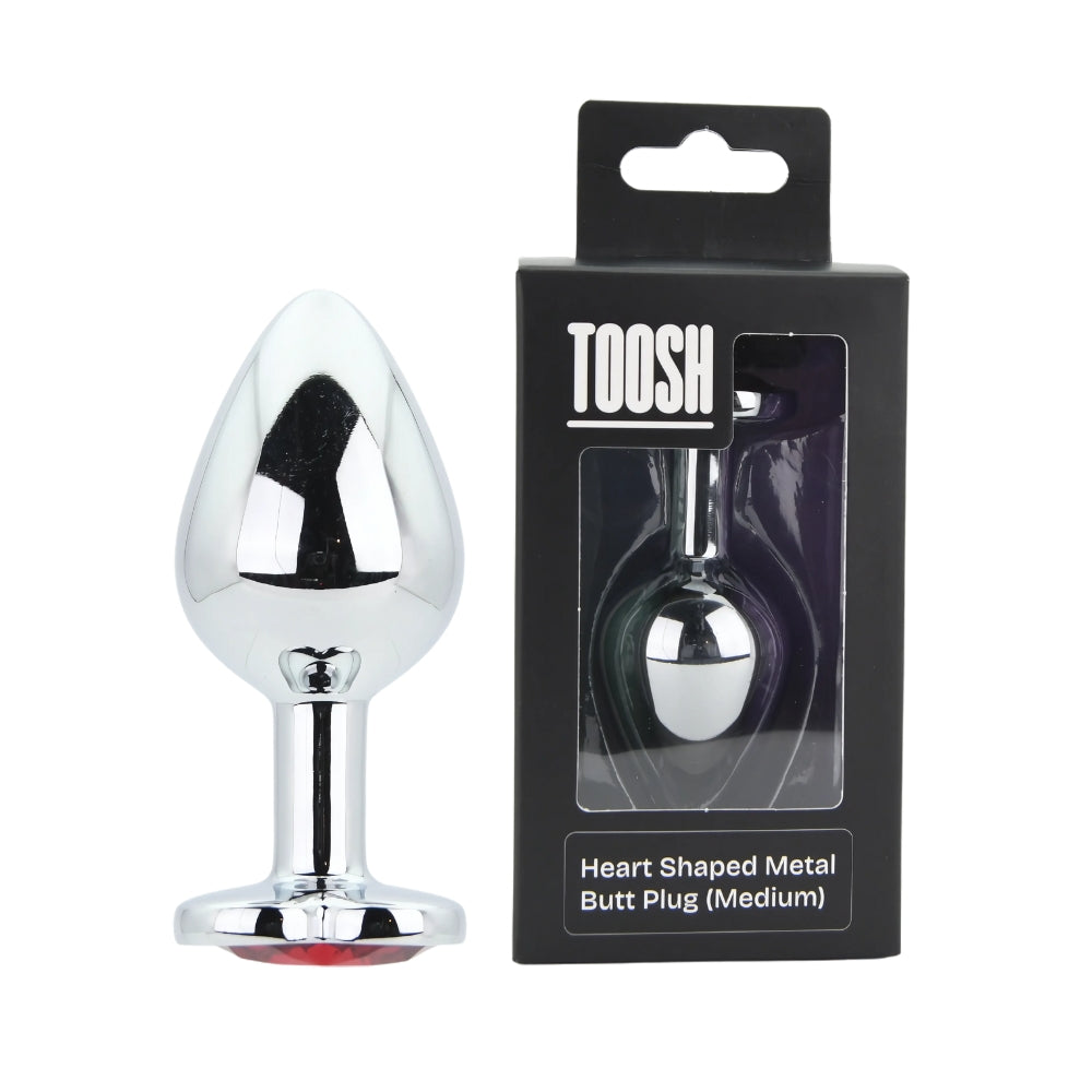 Toosh Heart-Shaped Silver Butt Plug with Red Stone, Medium size, smooth metallic finish, designed for comfort and elegant appeal.