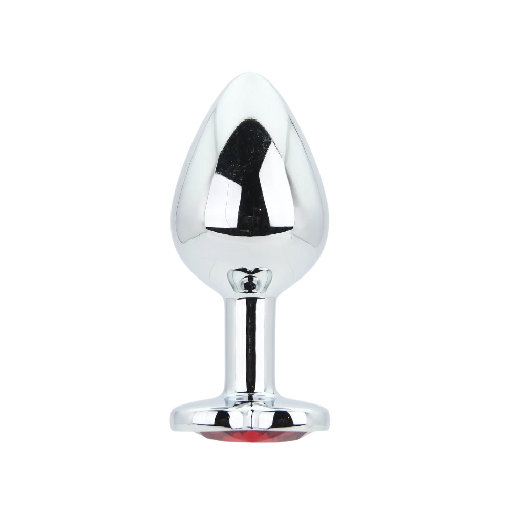Toosh Heart Shaped Silver Butt Plug with Red Stone, medium size, featuring a polished silver finish and decorative heart design.