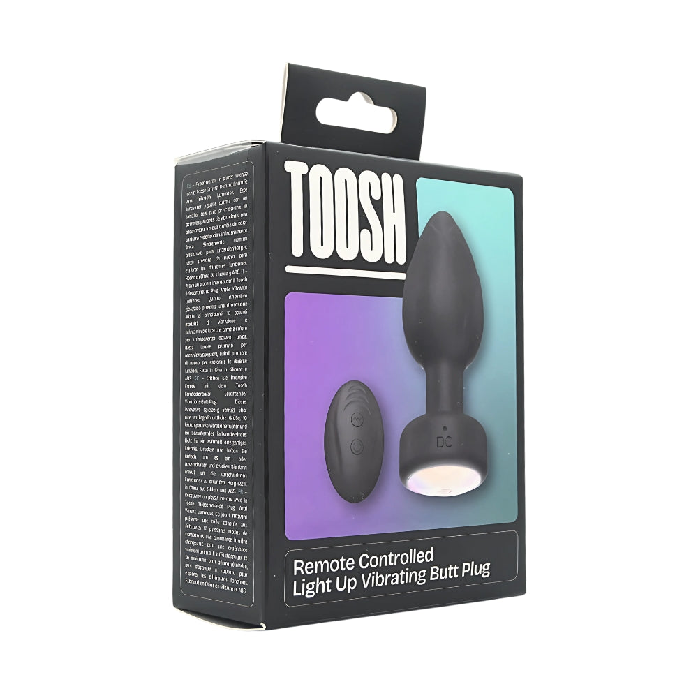 Toosh remote controlled light up vibrating butt plug with sleek design and anal beads, displayed in its packaging.