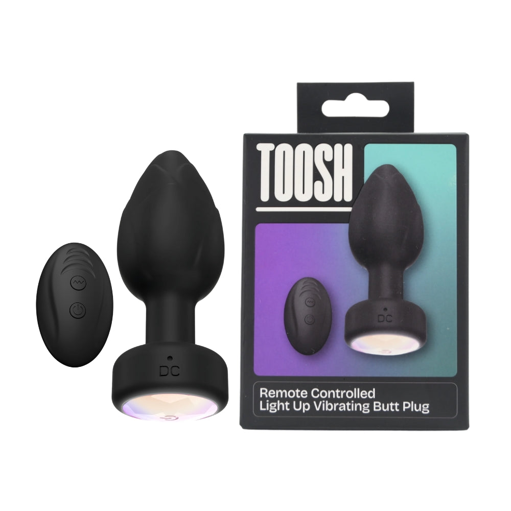 Toosh remote-controlled light-up vibrating butt plug with anal bead design, showcasing vibrant colors and sleek shape.