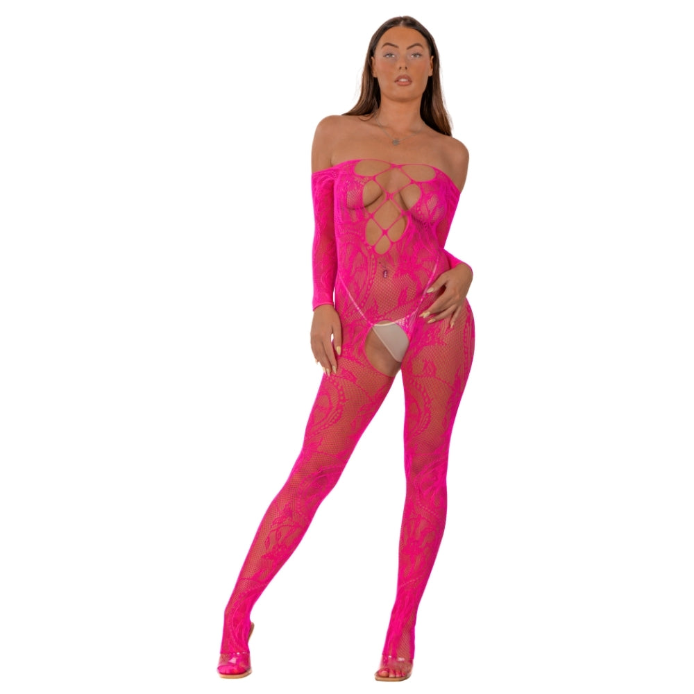 Lace by LJ Lace Up Front Crotchless Bodystocking Fushia alusasu