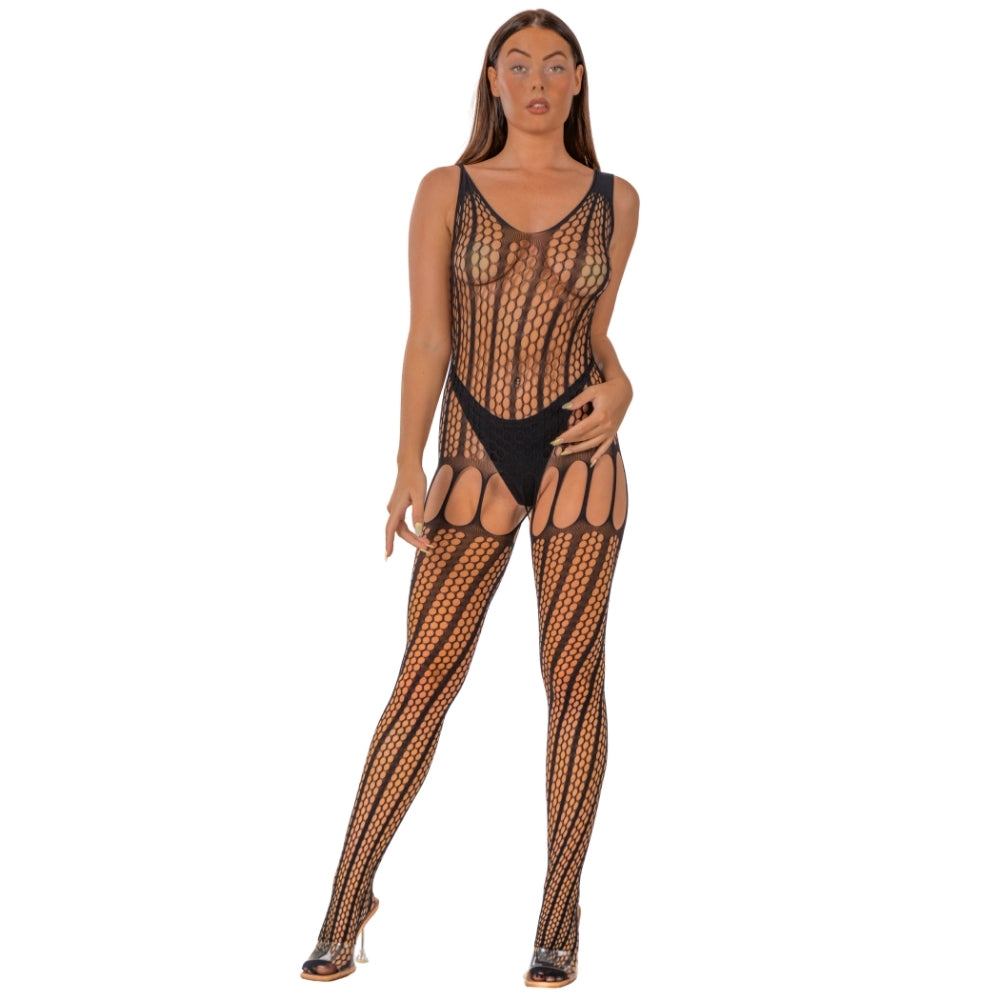 Lace by LJ Crochet Bodystocking with Lace Up Back Black alusasu