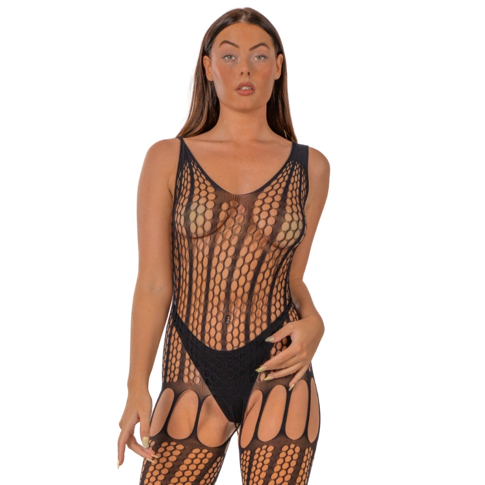 Lace by LJ Crochet Bodystocking with Lace Up Back Black alusasu | intimi.fi