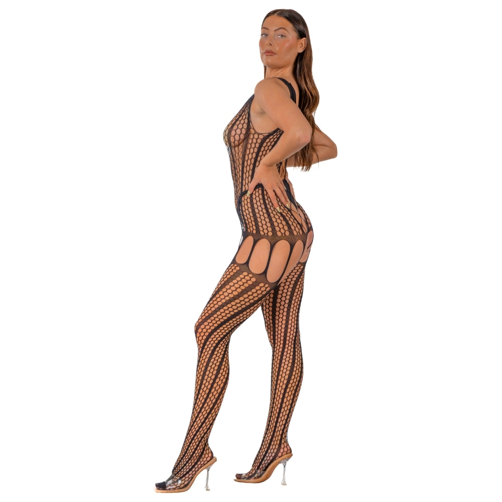Lace by LJ Crochet Bodystocking with Lace Up Back Black alusasu