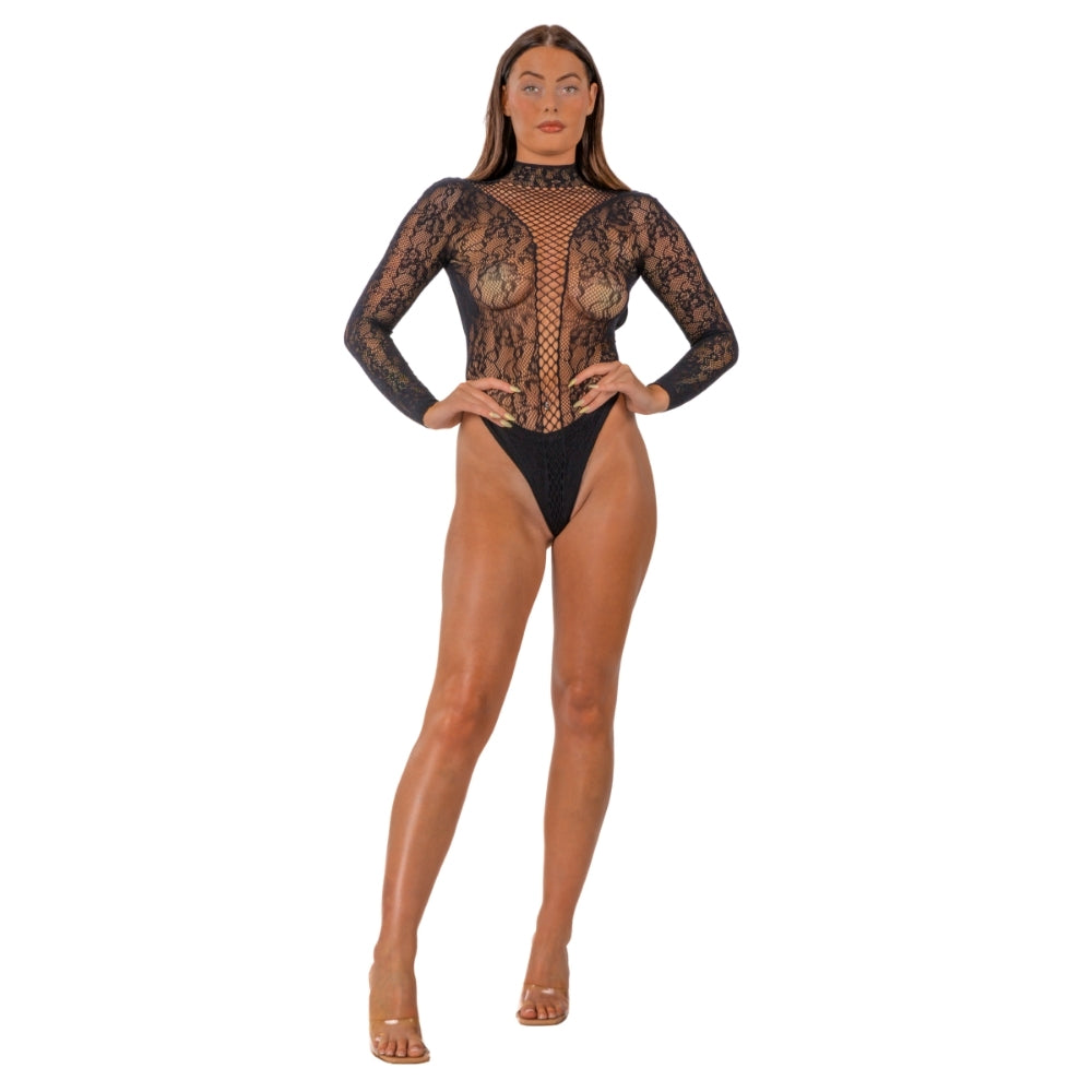 Lace by LJ High Neck Lace Bodysuit Black alusasu