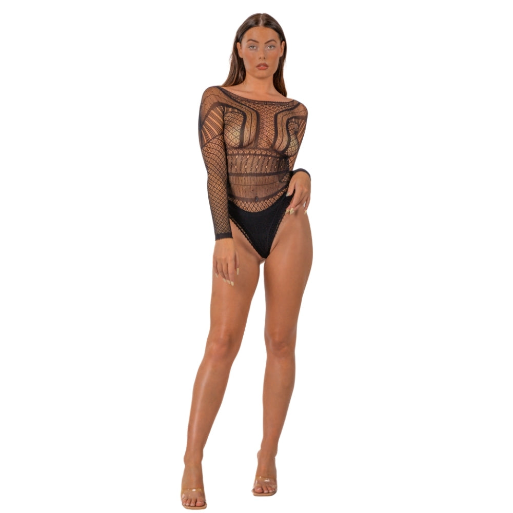 Lace by LJ Seamless Lace Long Sleeved Bodysuit Black alusasu