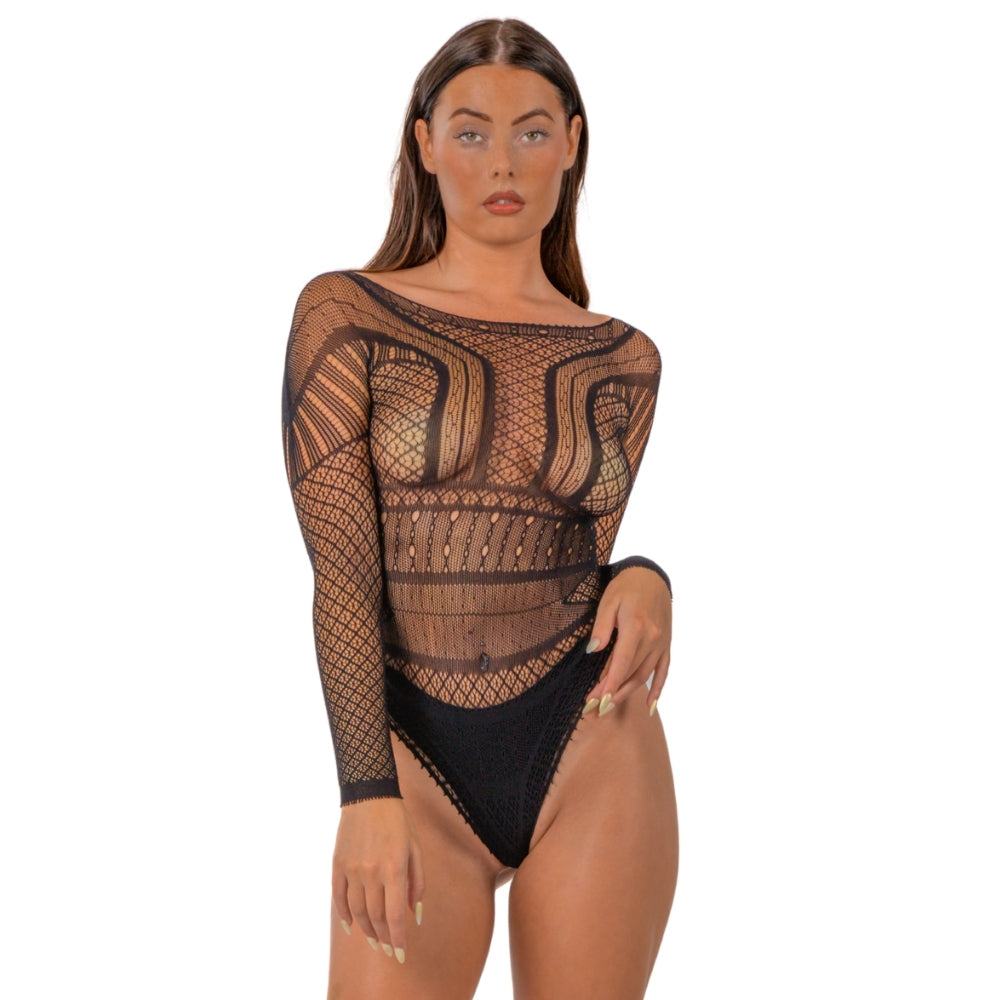 Lace by LJ Seamless Lace Long Sleeved Bodysuit Black alusasu | intimi.fi