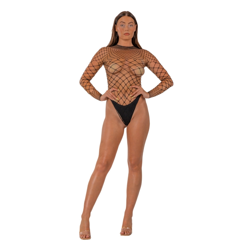 Lace by LJ Fence Net Long Sleeved Thong Bodysuit Black alusasu