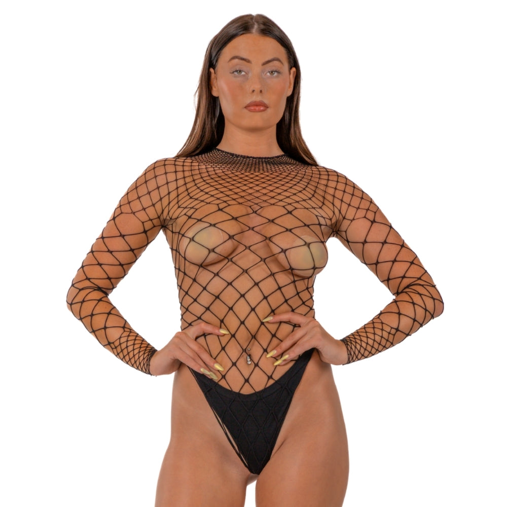 Lace by LJ Fence Net Long Sleeved Thong Bodysuit Black alusasu | intimi.fi