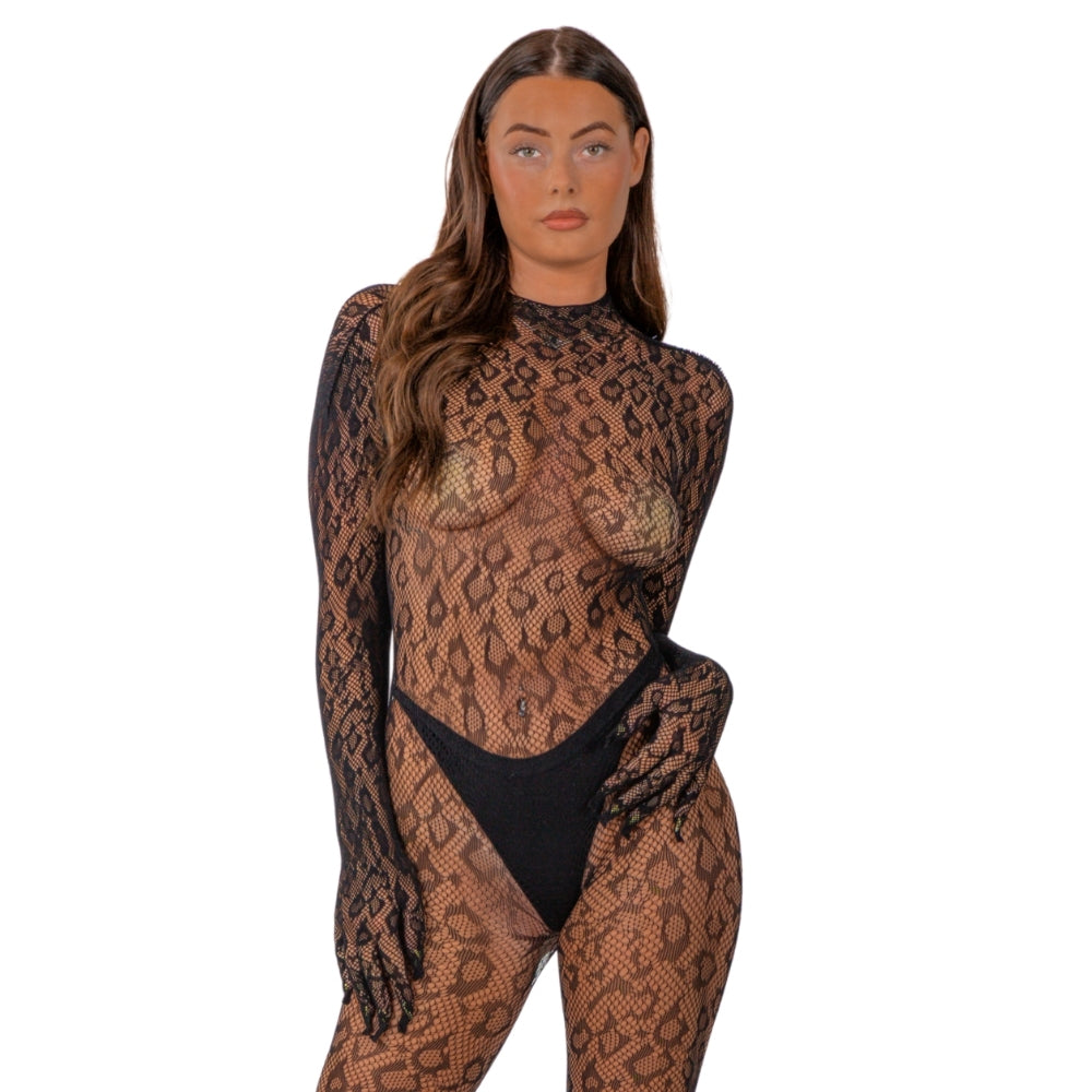 Lace by LJ Gloved Leopard Print Catsuit Black alusasu | intimi.fi
