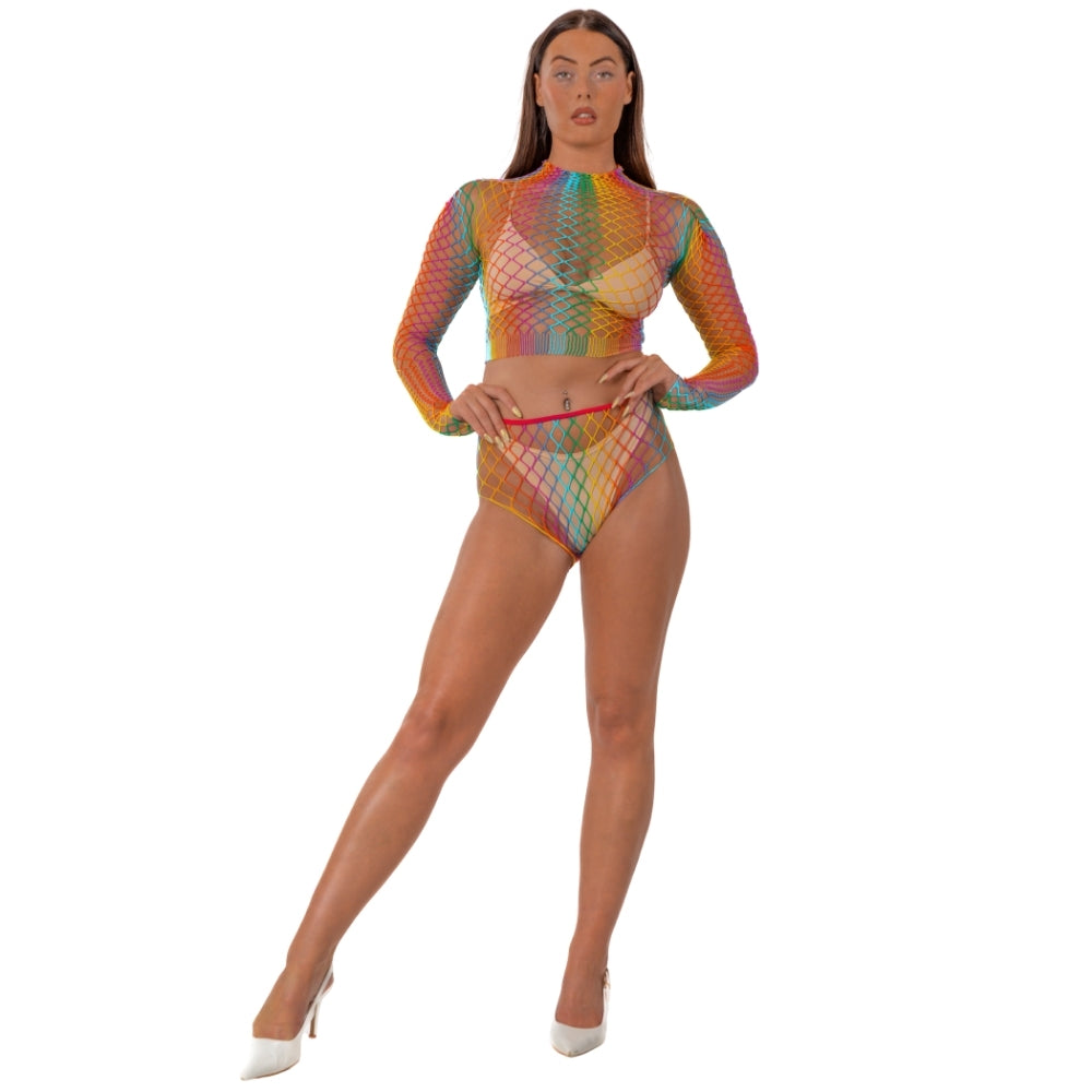 Lace by LJ Rainbow Fence Net Crop Top and Bottoms alusasu