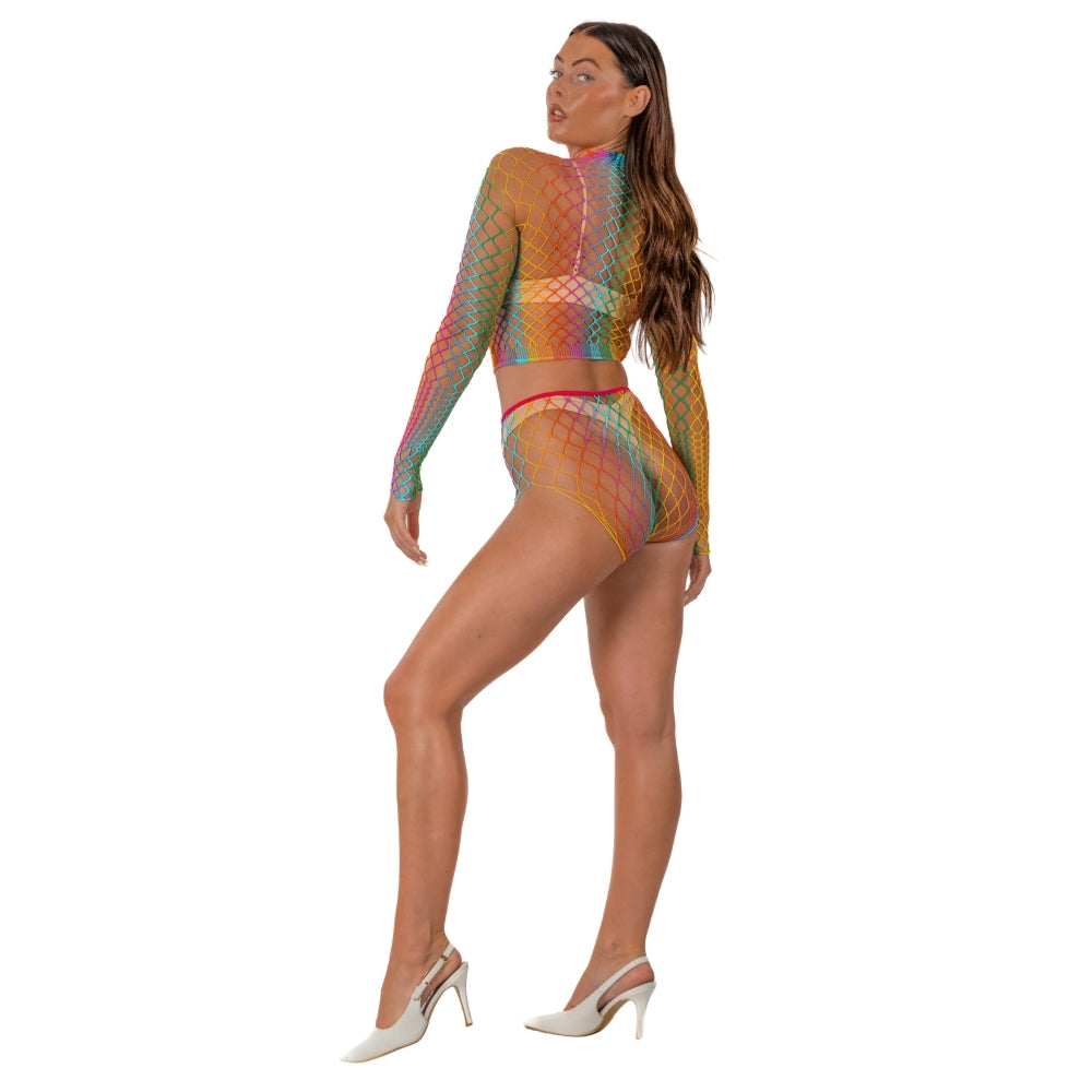 Lace by LJ Rainbow Fence Net Crop Top and Bottoms alusasu