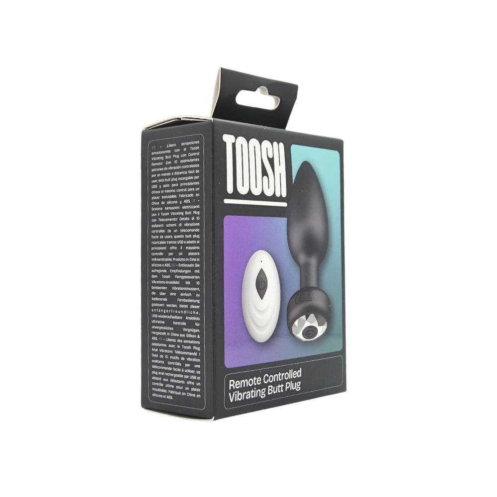 Toosh remote-controlled silicone vibrating butt plug with anal beads, black, smooth silicone, designed for adult pleasure and stimulation.