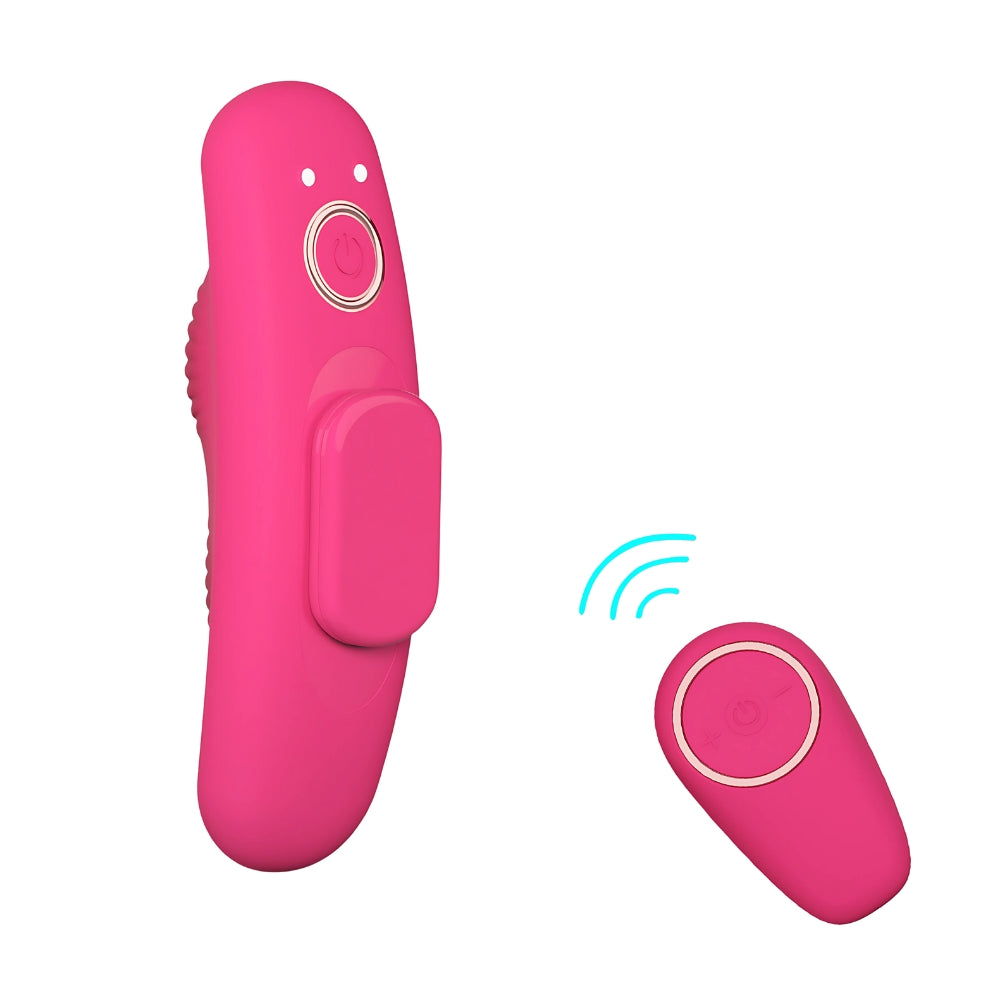 MINA Veil remote-controlled panty vibrator for clitoral pleasure, shown inside a pink lace panties, with remote control nearby.