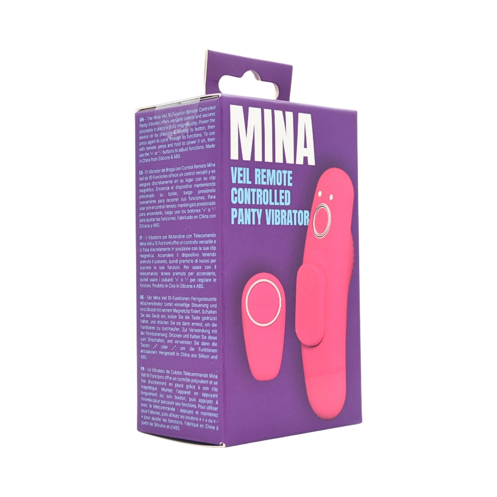 MINA Veil remote-controlled panty vibrator for clitoral stimulation, shown in packaging with sleek design and control features.