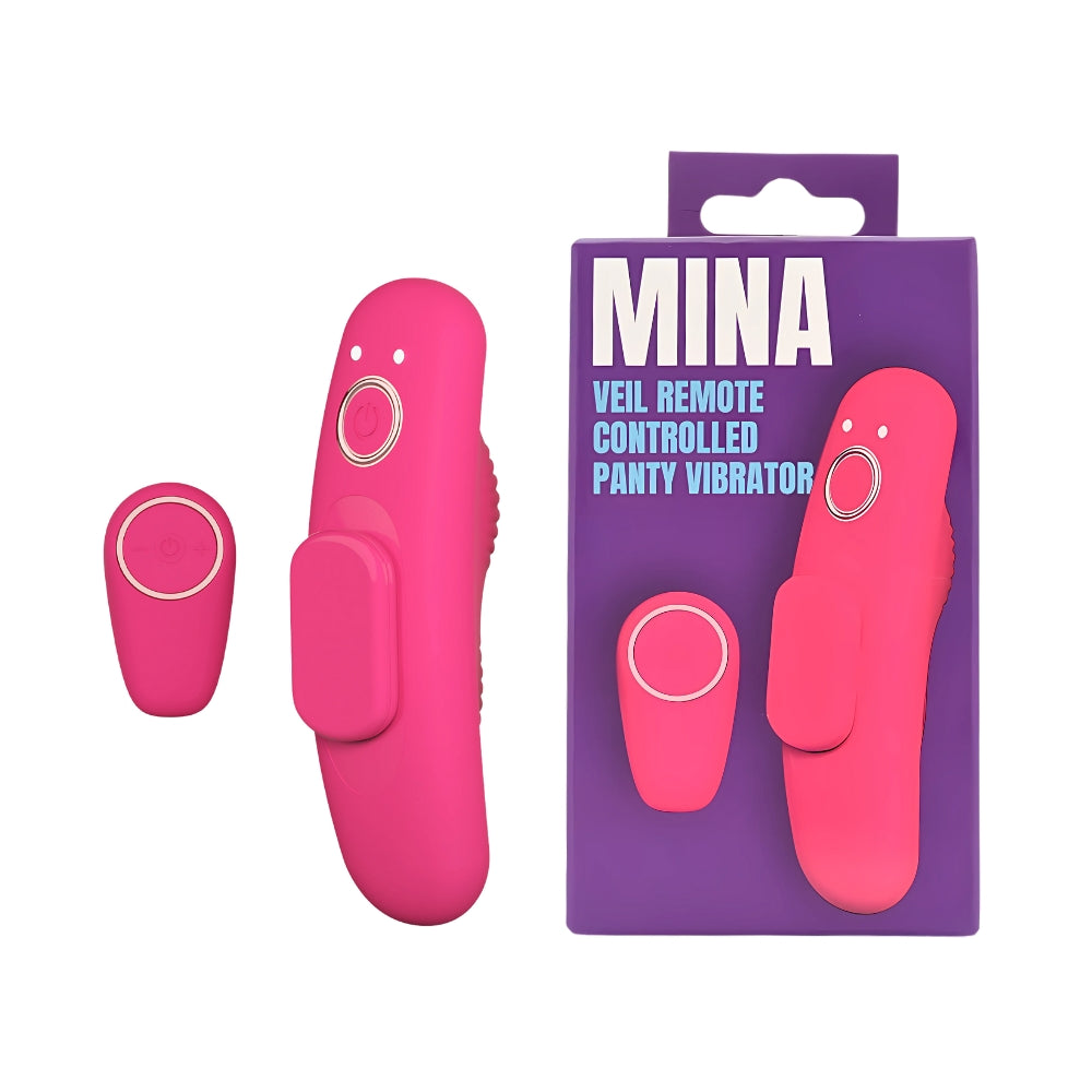 MINA Veil remote-controlled panty vibrator for clitoral stimulation, shown in packaging with sleek design and compact size.