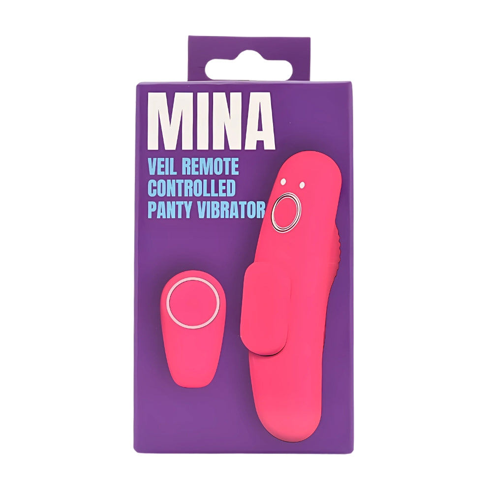 MINA Veil remote-controlled panty vibrator for clitoral stimulation, shown in packaging. Discreet design for intimate pleasure.