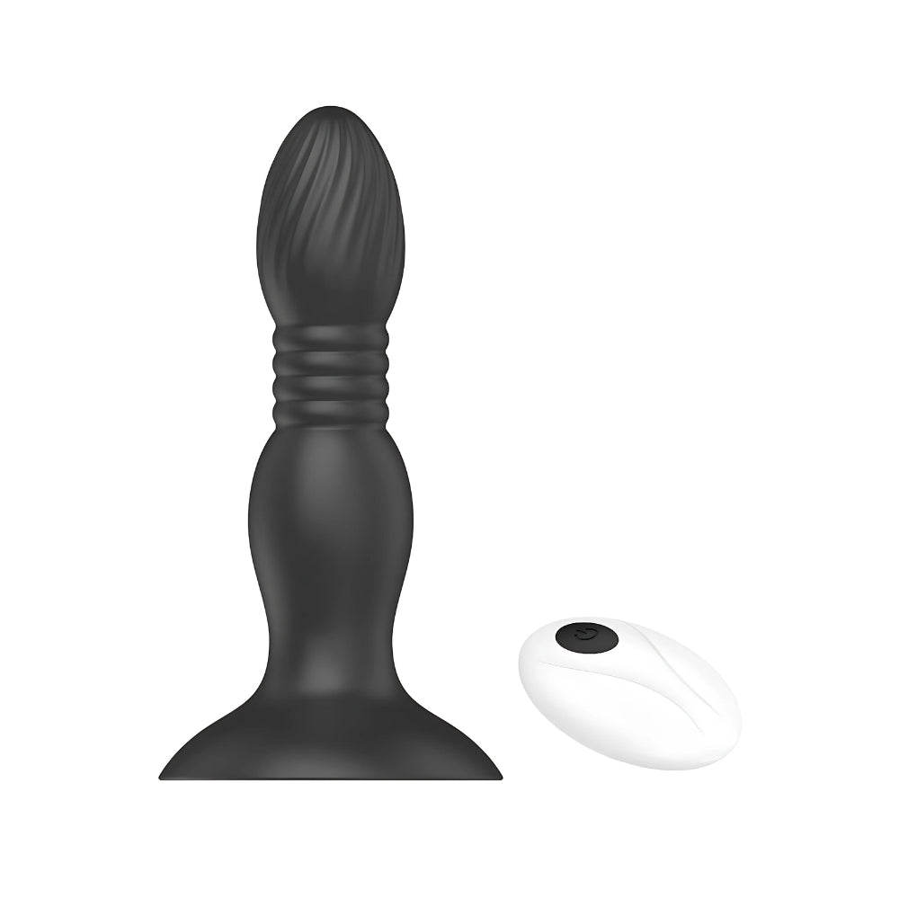 Toosh remote-controlled thrusting butt plug with anal beads design, showcasing its sleek shape and control features.