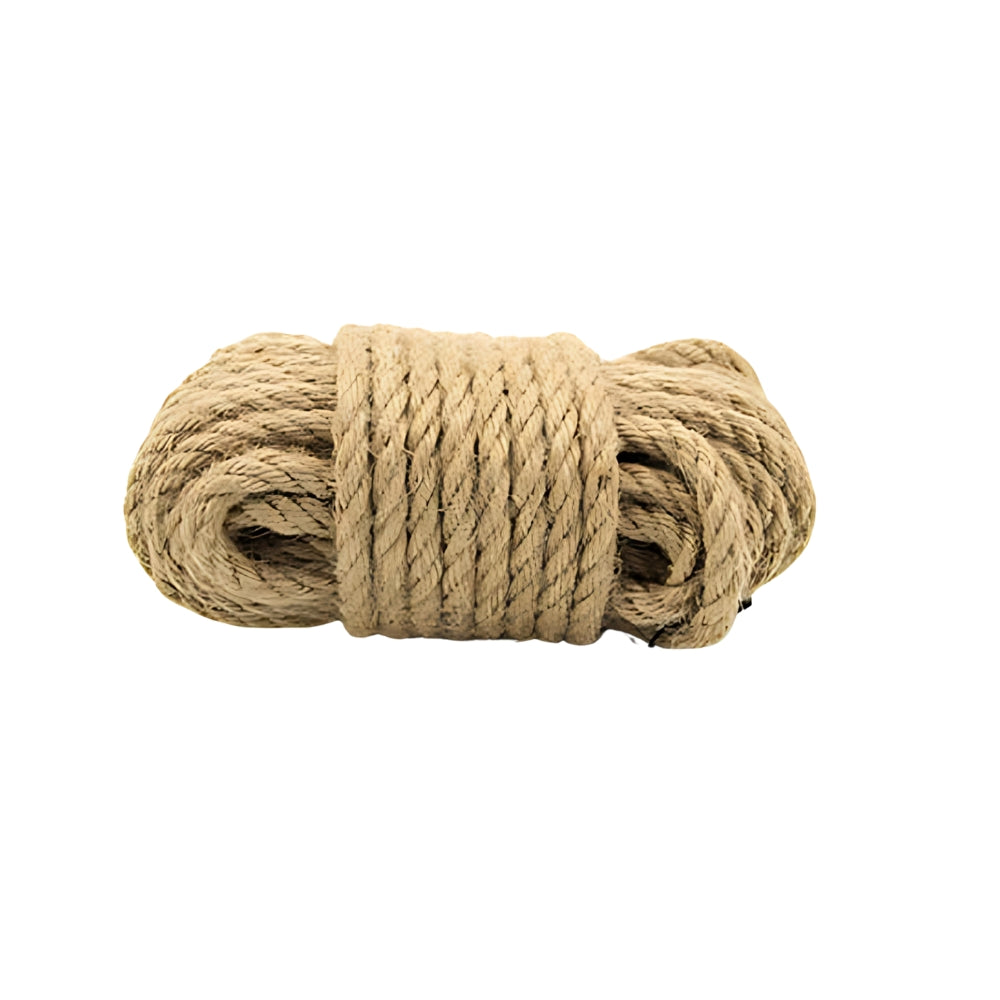 Natural hemp bondage rope from Bound to Please, showing tightly coiled, textured restraint for BDSM and bondage play.