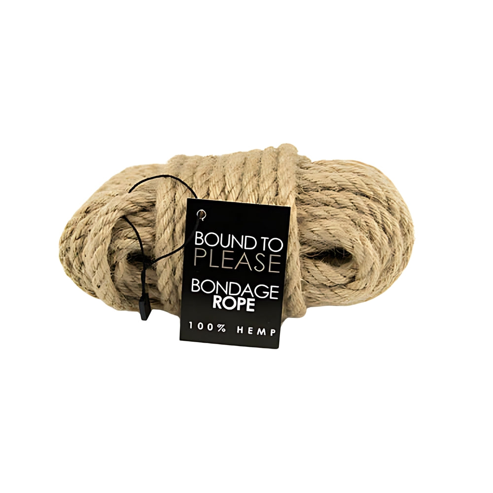 Bound to Please hemp bondage rope showing natural hemp fibers, adjustable restraints for BDSM play, with secure knots and durable design.