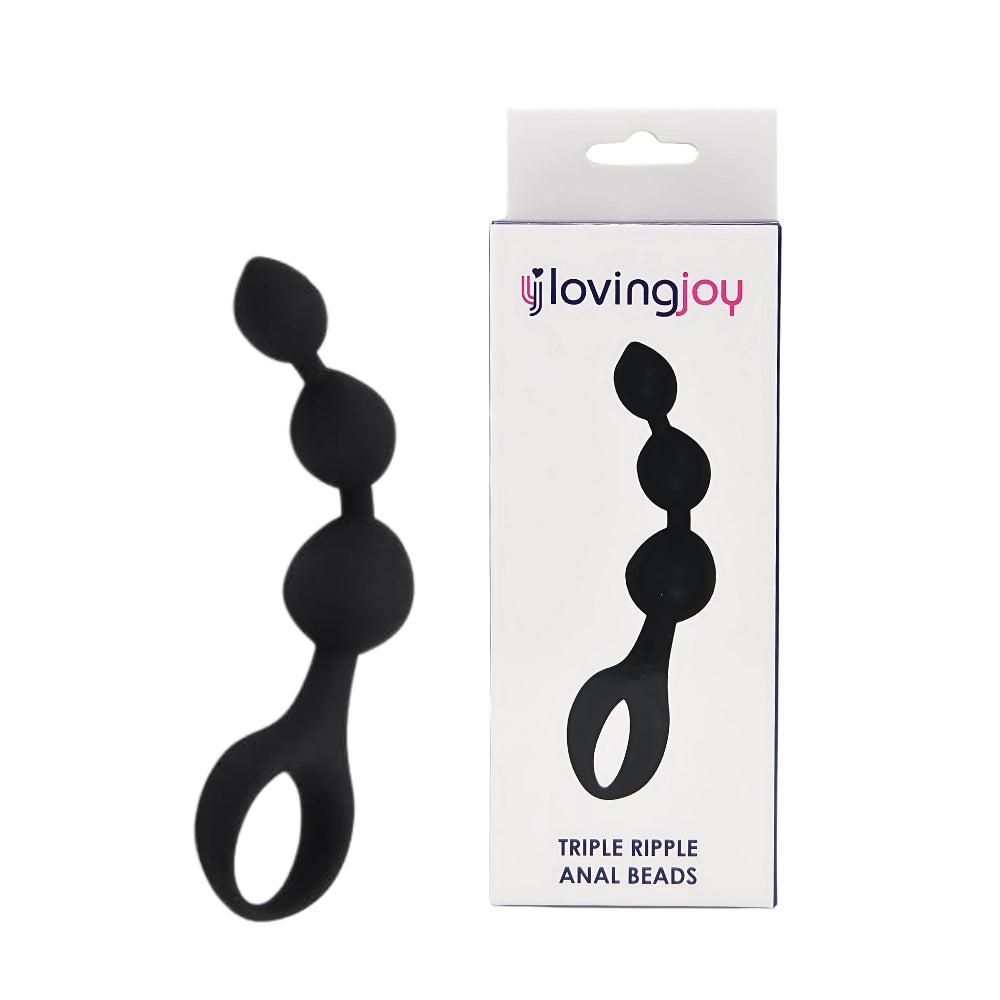 Loving Joy Triple Ripple Black Anal Beads set featuring three textured silicone beads for adult pleasure.