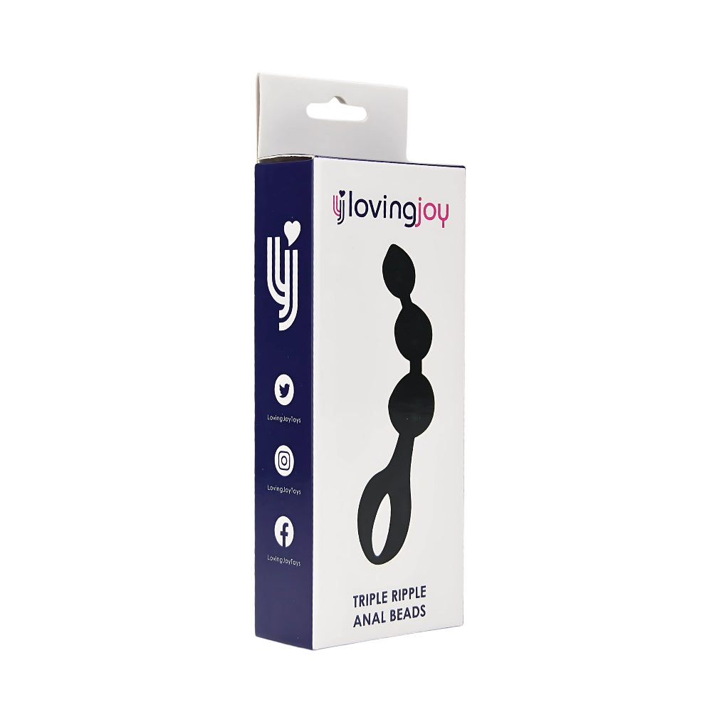 Loving Joy Triple Ripple Black Anal Beads, discreet black silicone anal beads with three ripple textures for enhanced sensation.
