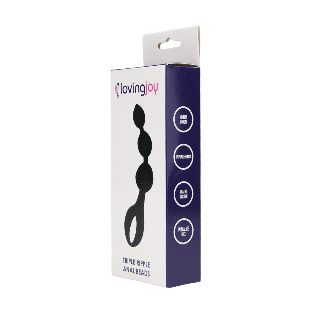 Loving Joy black triple ripple anal beads set displayed in packaging, designed for adult intimate pleasure.