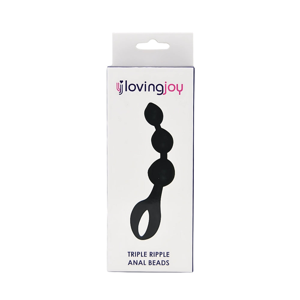 Loving Joy Triple Ripple Black Anal Beads set showing three ripple design anal beads in black silicone on packaging.