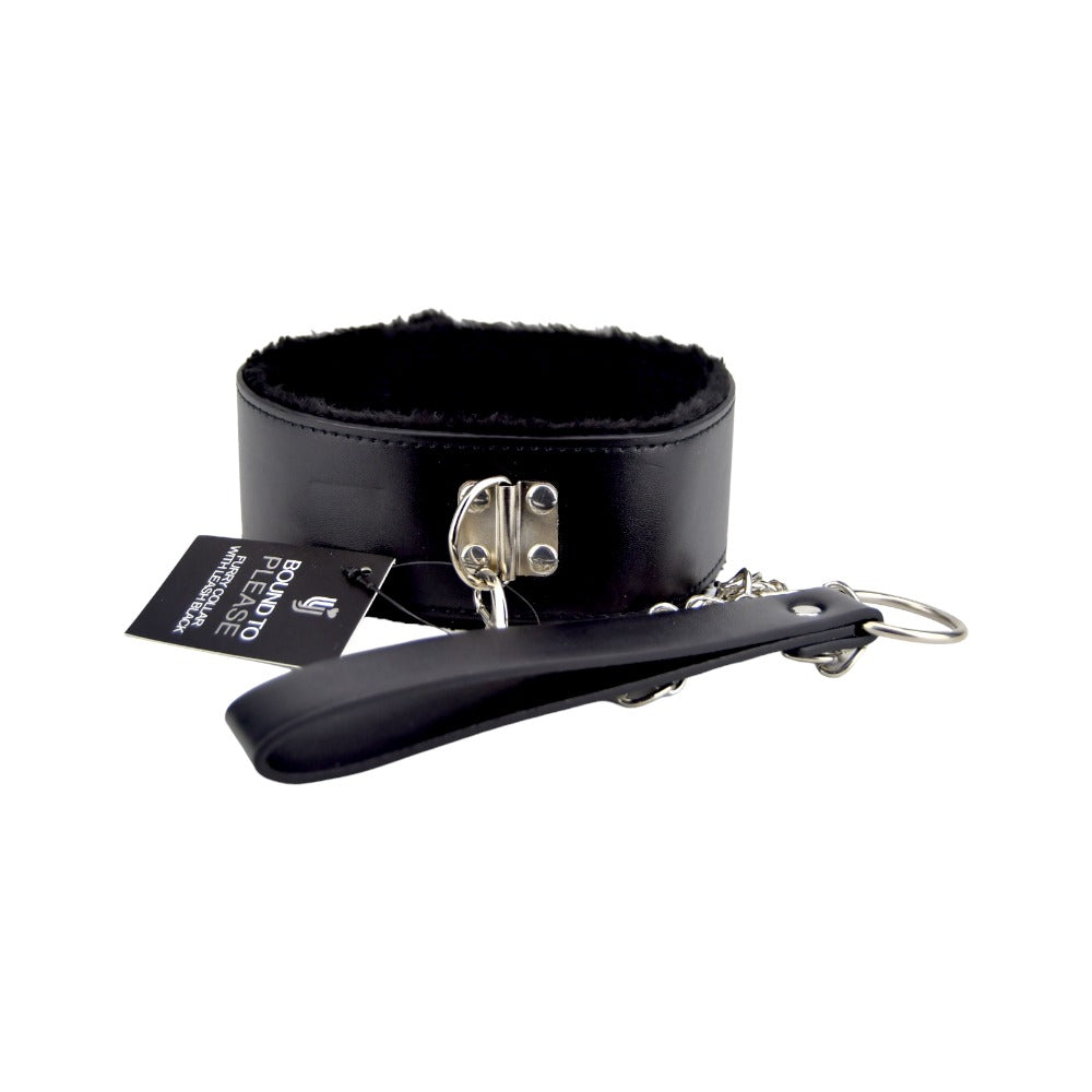 Black furry collar with leash from Bound to Please, featuring soft material and bondage restraint design.