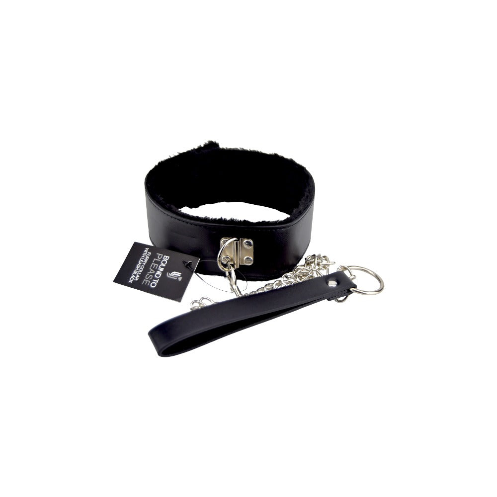 Black furry collar with leash from Bound to Please, designed for bondage restraints, showcasing soft material and secure buckle.
