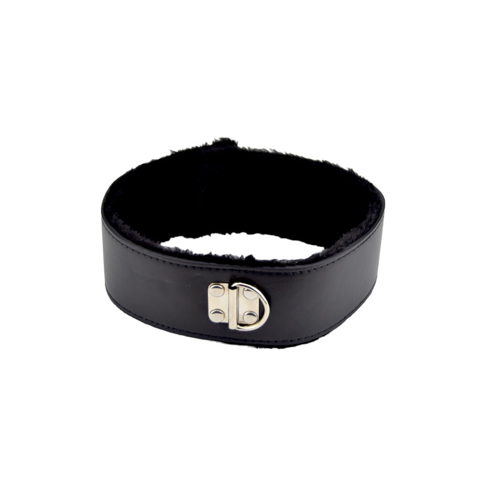 Black furry collar with leash from Bound to Please, designed for bondage restraints, featuring soft texture and sturdy hardware.