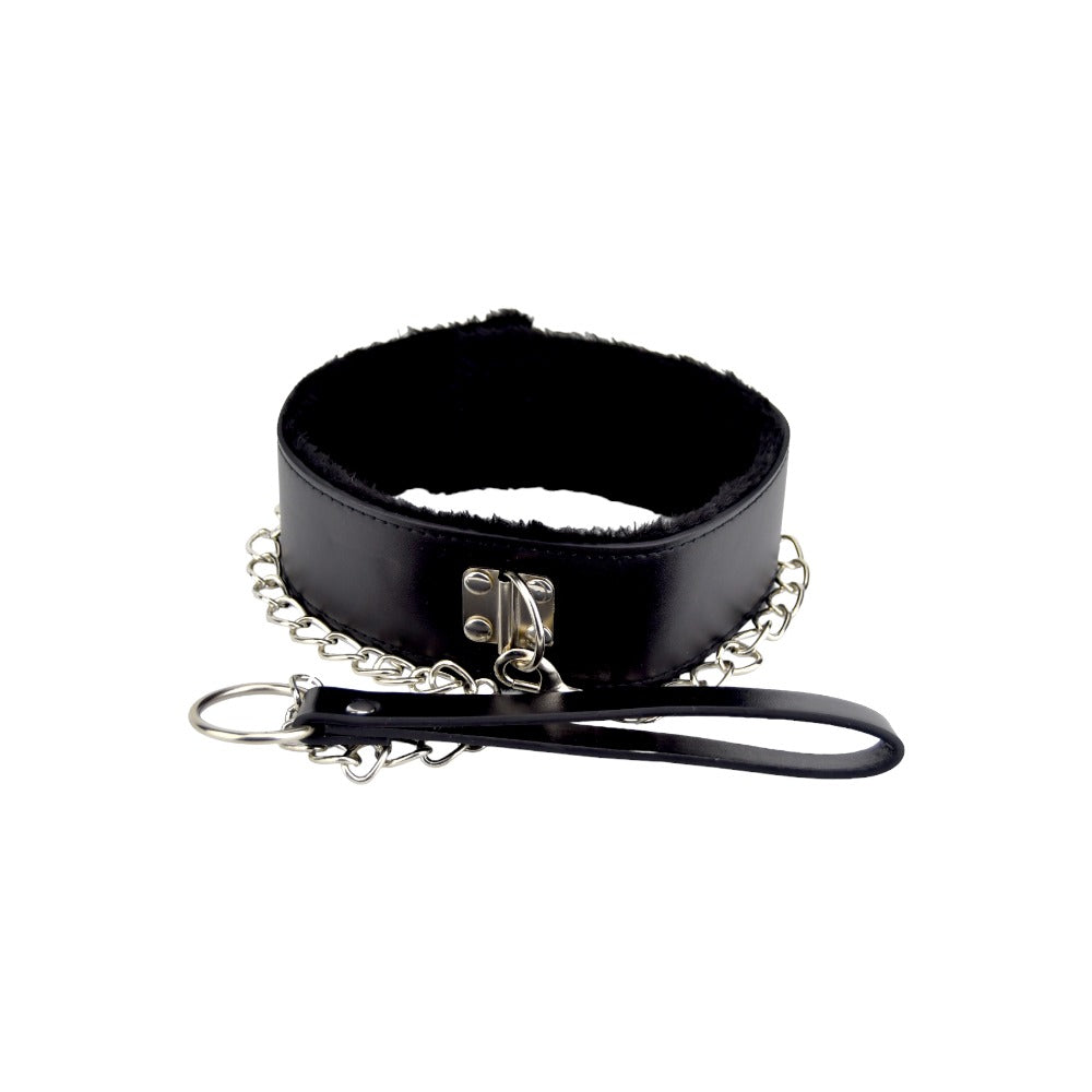 Black furry collar with leash from Bound to Please, designed for bondage restraints, showcasing soft material and sturdy clasp.
