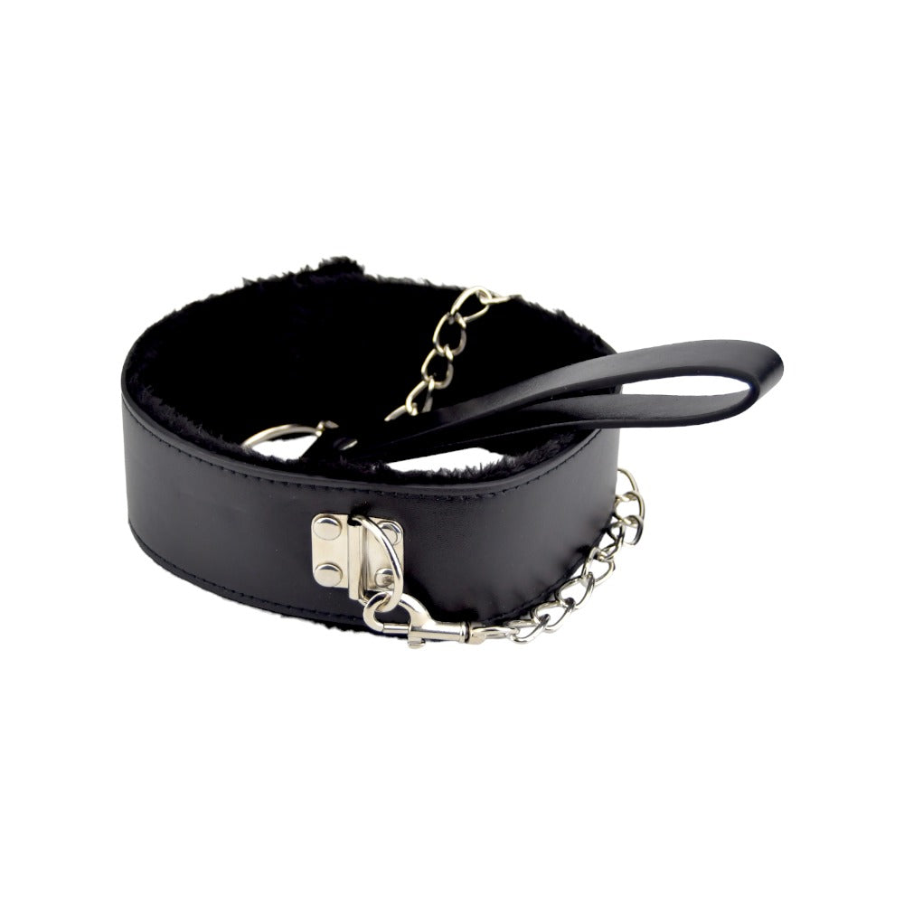 Black furry collar with attached leash from Bound to Please, designed for bondage restraints and comfortable wear.