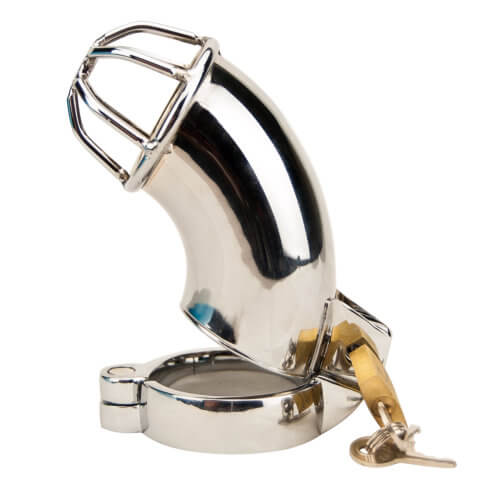 Impound Exhibition male chastity device, detailed view of the chastity cage design and secure locking mechanism.