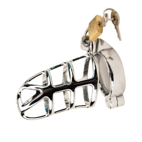 Impound Gladiator male chastity device made of metal with a secure cage design, featuring adjustable locking mechanism.