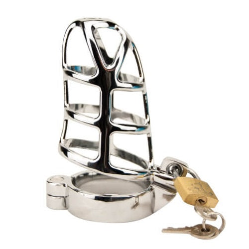 Impound Gladiator male chastity device made of metal, with a secure cage design for male chastity and restraint.