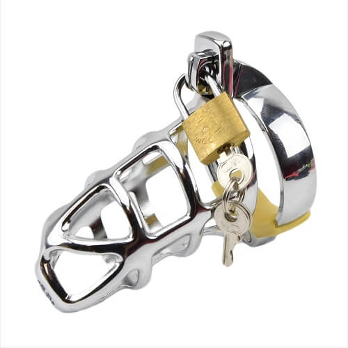Impound Gladiator male chastity device made of durable metal, designed for secure and comfortable male chastity.