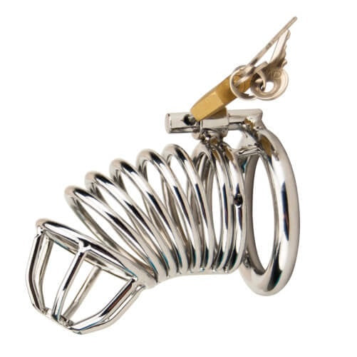 Impound Spiral Male Chastity Device made of metal, featuring a spiral design for male chastity and security.