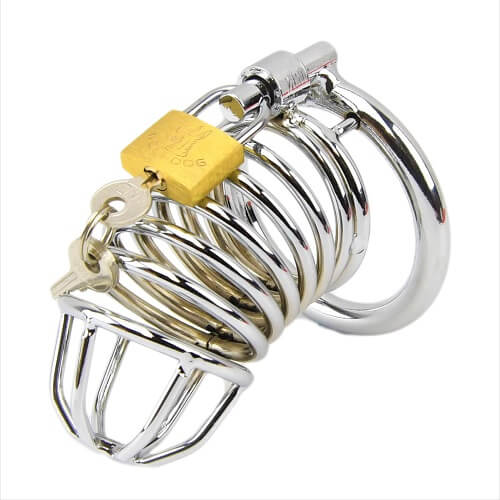 Impound Spiral Male Chastity Device, stainless steel cage with spiral design, secure lock for male chastity and sexual abstinence.