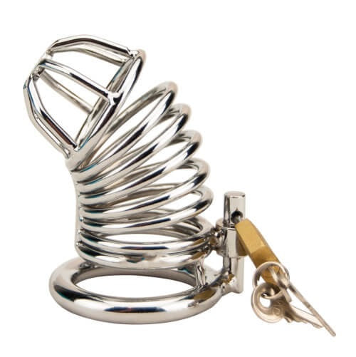 Impound Spiral Male Chastity Device made of metal, with a spiral design, secure locking mechanism, and adjustable fit.