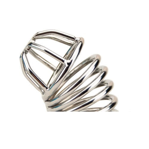 Impound Spiral Male Chastity Device made of metal, featuring a spiral design and secure locking mechanism for male chastity.