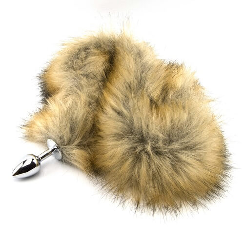 Furry Fantasy red fox tail butt plug with plush red fox tail and smooth silicone base for adult novelty use.