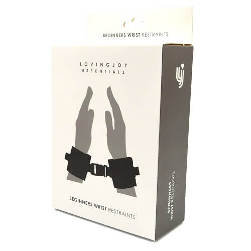 Loving Joy beginners wrist restraints in soft fabric, featuring adjustable straps for comfortable bondage play.